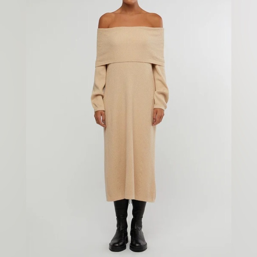 WeWoreWhat | Off Shoulder Sweater Dress In Beige Size XS NWT Cable Knit MIDI